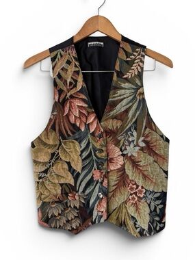 Vintage Pinnacle Botanical Tapestry Vest ILGWU Made USA Boho Cottagecore